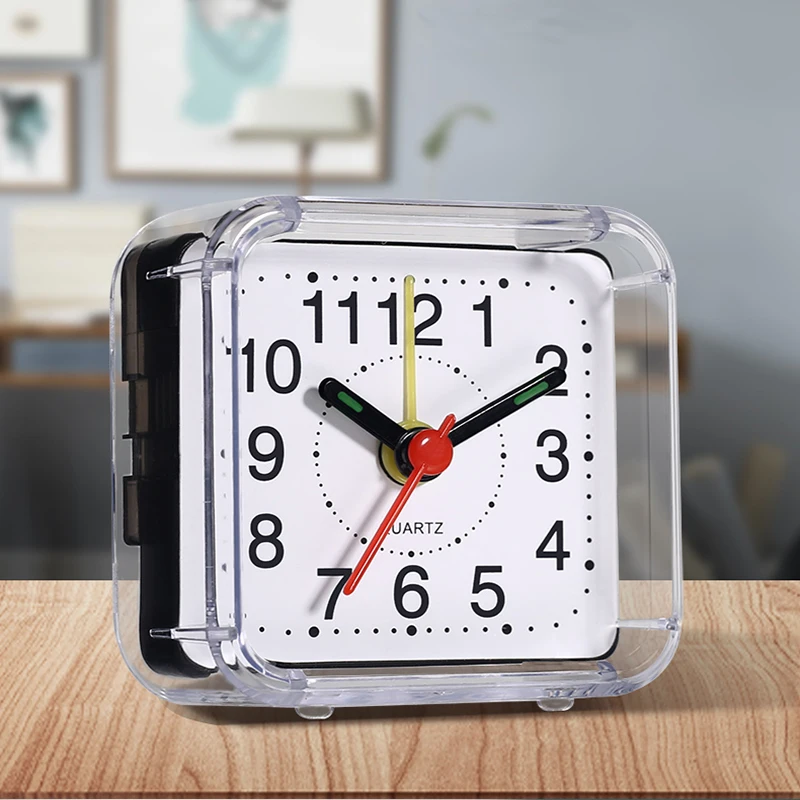 Square Small Bed Alarm Clock Transparent Case Compact Travel Alarm Clock Cute Portable Student Children Table Desk Clock Home