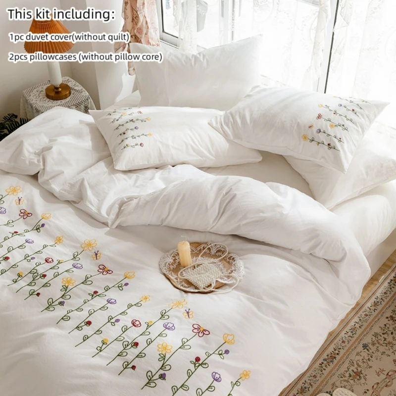 3pcs Embroidery Duvet Cover Set (1*Duvet Cover + 2*Pillowcase, Without Core), Fresh Flower Print Bedding Set, Soft Comfortable